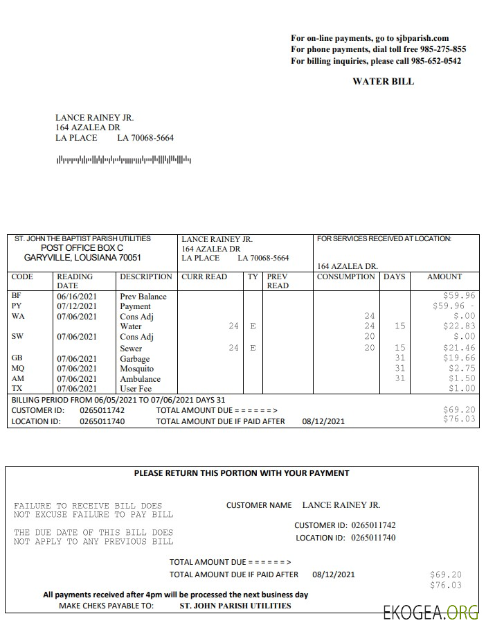USA Louisiana St. John the Baptist Parish water bill in Word and PDF format